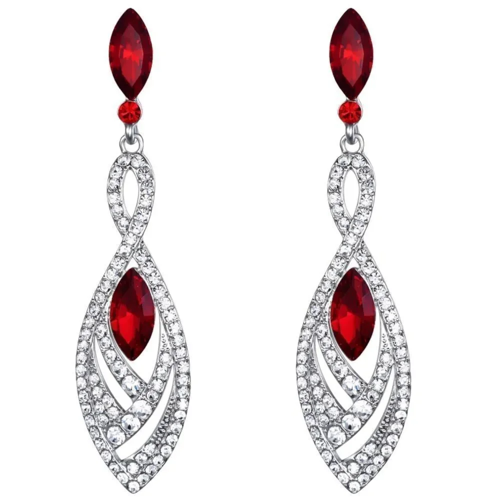 Silver with Ruby Red and Diamond Austrian Crystal Twisted Chandelier Earrings